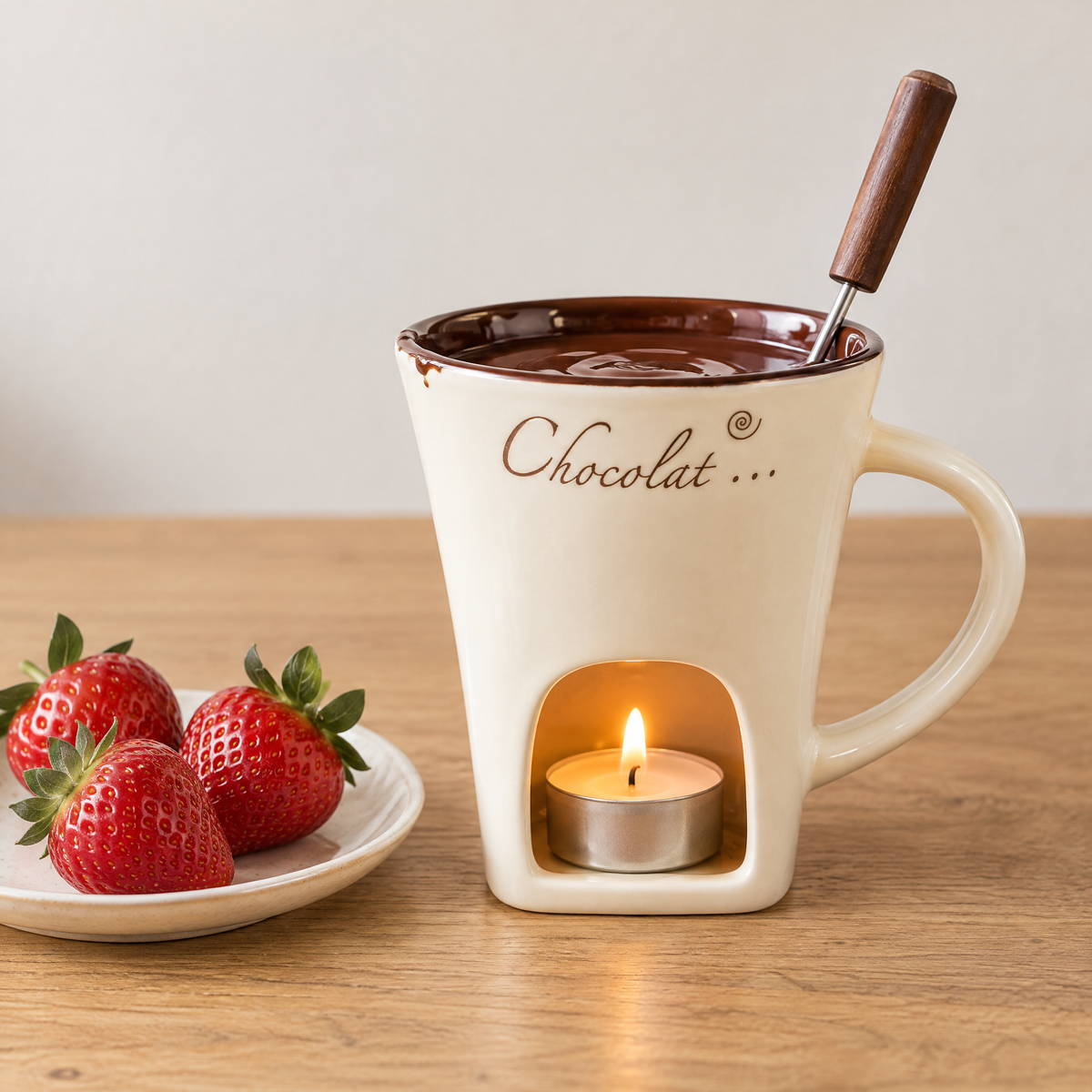 Melty Mug cream fondue mug with melted chocolate and strawberries