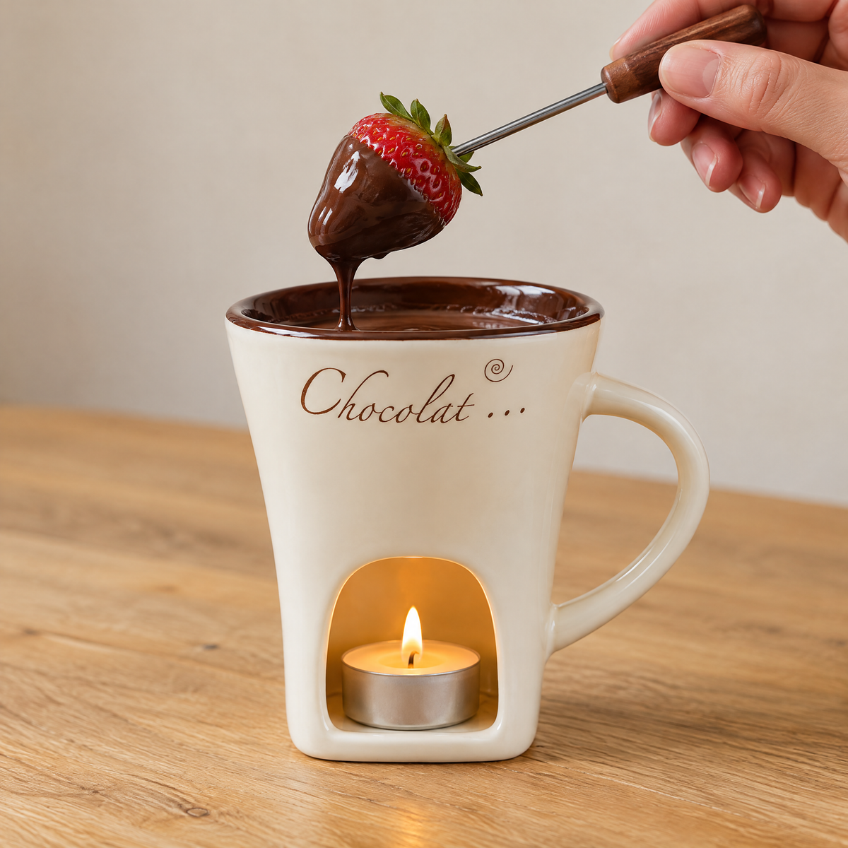 Dipping a strawberry into melted chocolate in the Melty Mug
