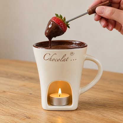 Dipping a strawberry into melted chocolate in the Melty Mug