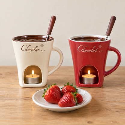 Two Melty Mugs, cream and red, with strawberries for date night
