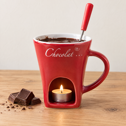 Red Melty Mug with a lit tealight and chocolate pieces
